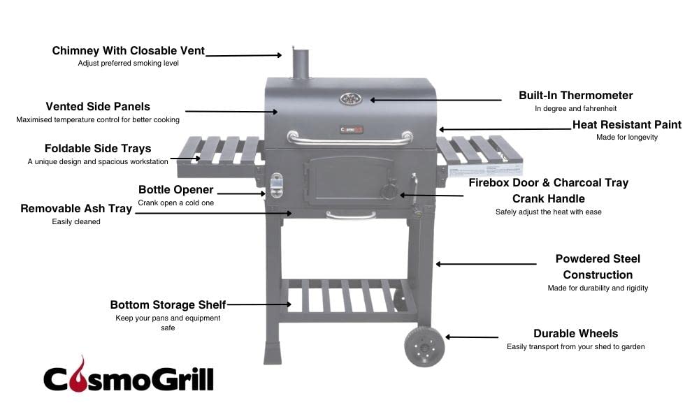 CosmoGrill Outdoor XL Smoker Barbecue Charcoal Portable BBQ Grill, 2 Folding Side Table, Built-in Thermometer, Adjustable Charcoal Pan & Chimney, Wheels, Large Coal BBQ Smoker for Home Garden Cooking