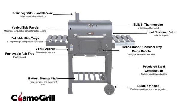 CosmoGrill Outdoor XL Smoker Barbecue Charcoal Portable BBQ Grill, 2 Folding Side Table, Built-in Thermometer, Adjustable Charcoal Pan & Chimney, Wheels, Large Coal BBQ Smoker for Home Garden Cooking