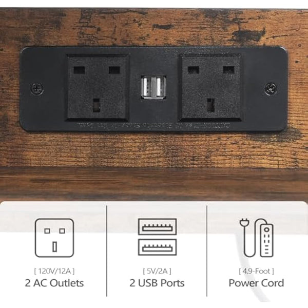 MAHANCRIS 3-Tier Mobile Printer Table, Printer Stand with Power Outlets and USB Ports, Home Printer Shelf with 2 Hooks, for Office and Living Room, Rustic Brown (42 x 28 x 60 cm) APTHR40KE01