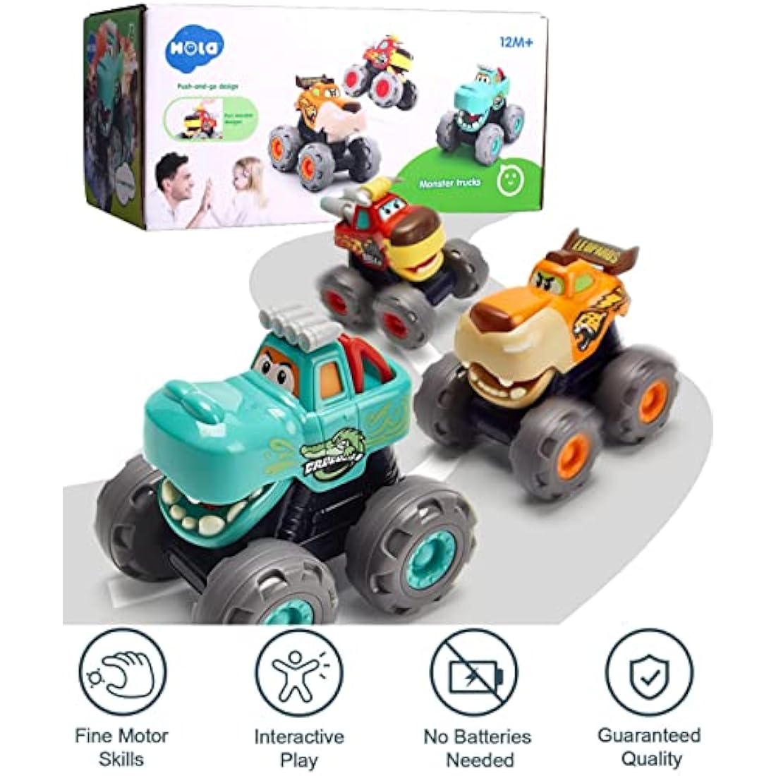 HOLA Toys for 1 Year Old Boys, Car Toys for 2 Year Old Boy Gifts, 3 Pack Monster Truck Old Boy Toy, Pull Back Push n Go Toy Cars for 1+ Year Old Boys, 1st Birthday Gifts
