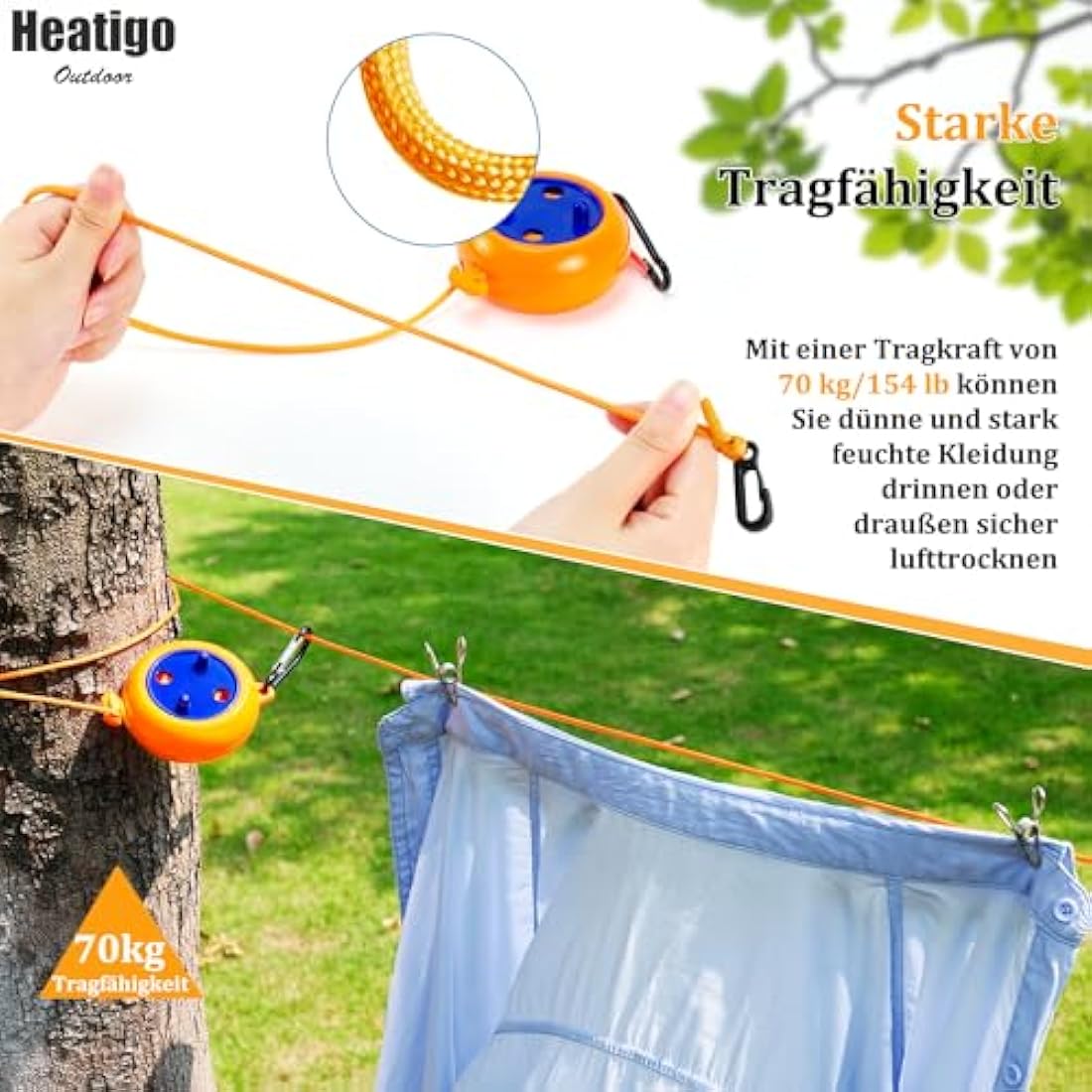 Heatigo 8M Portable Camping Retractable Clothes Line Clothes Airer for Holiday Outdoor, Bathroom, Laundry Room, Garden or Travel