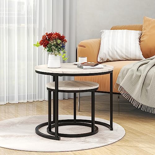 HOJINLINERO Round Coffee Table Nesting Table Set of 2,Small Coffee Table Living Room,Black Metal Frame with Wood Sofa Table,Sturdy and Easy