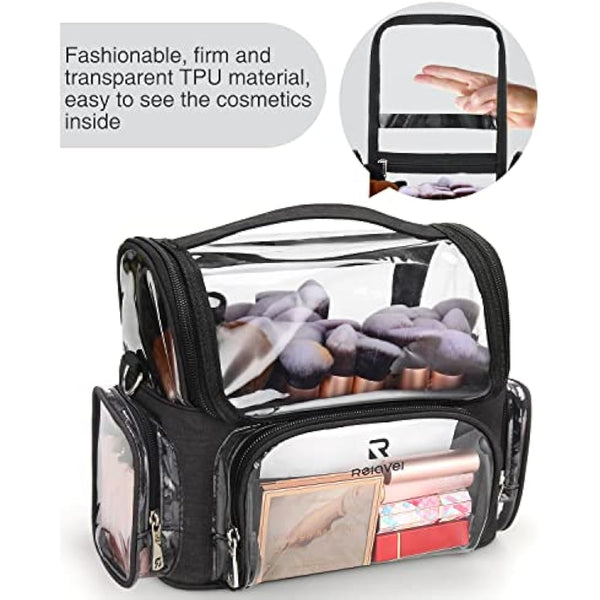 Relavel Makeup Brush Case, Large Makeup Brush Holder Professional Makeup Artist Travel Case Clear Waterproof Cosmetic Organizer Bag, Full Open Easy to Access, with Adjustable Strap and Dividers