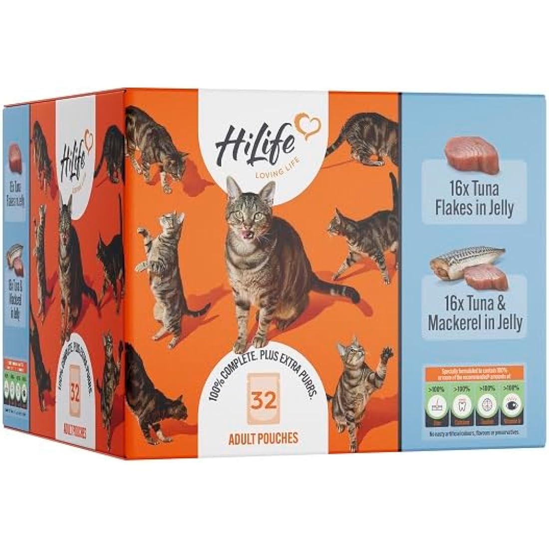HiLife Adult Wet Cat Food, Mixed Tuna in Jelly Recipes, Complete Cat Food Pouches, 100% Natural & Grain Free, Tuna Flakes / with Mackerel(32 x 70g Pouches)