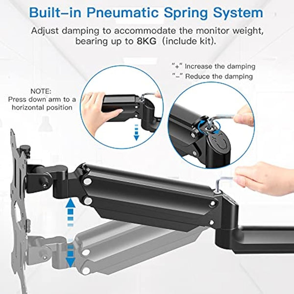 HUANUO 17-32 Inch Monitor Wall Mount Bracket for Computer TV Screens Adjustable Gas Spring Single Monitor Arm Support 8 kg VESA 75x75 mm, 100x100 mm