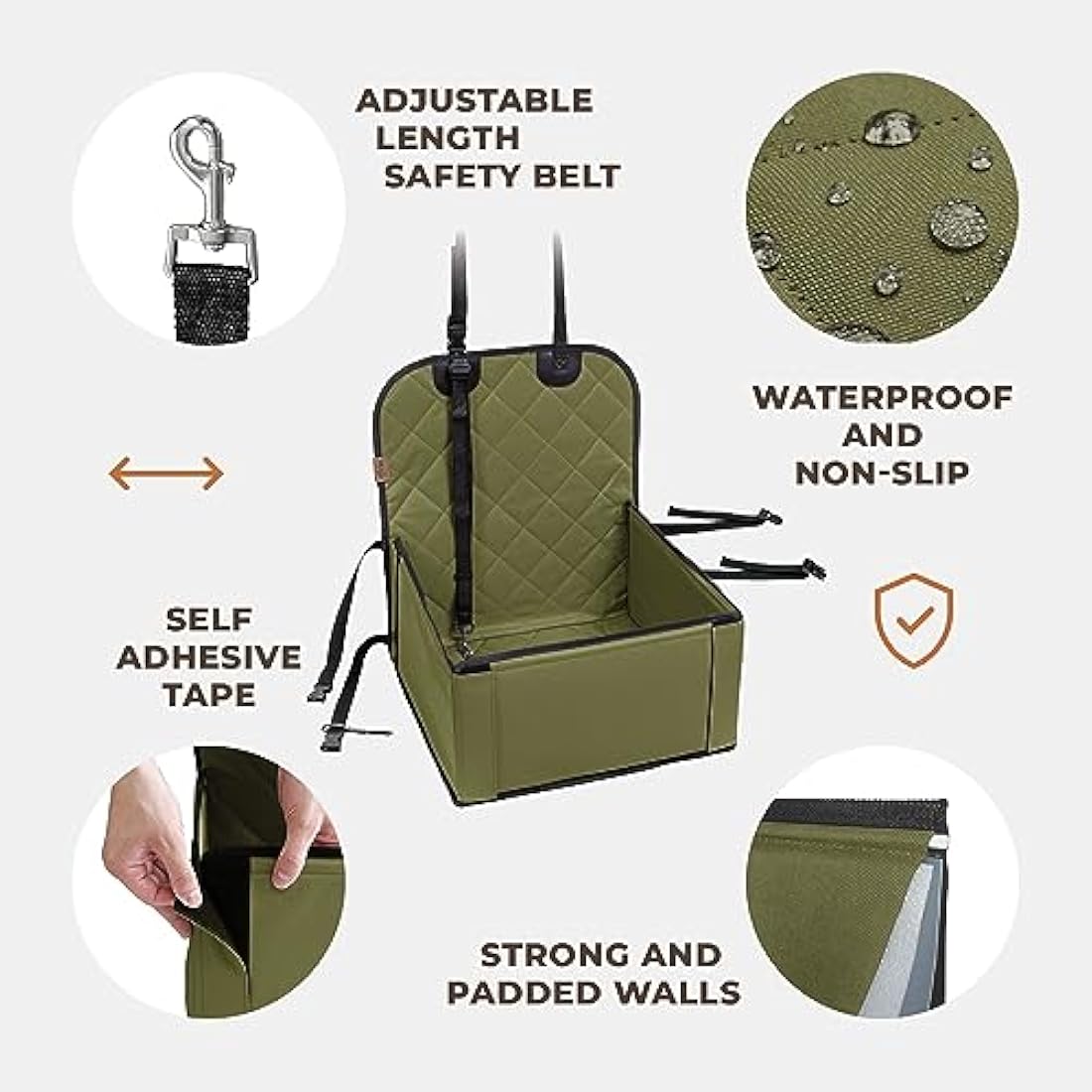 Wuglo Extra Stable Dog Car Seat - Robust or Puppy for Small to Medium-Sized Dogs Reinforced Walls and 3 Belts Waterproof Pet Back Front (Khaki) (ST-1-BG)