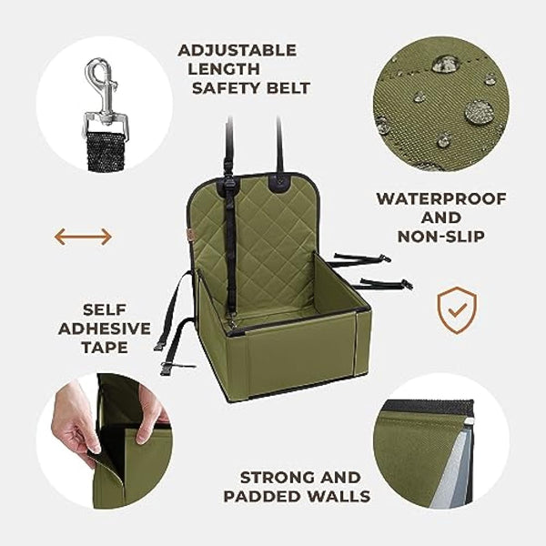 Wuglo Extra Stable Dog Car Seat - Robust or Puppy for Small to Medium-Sized Dogs Reinforced Walls and 3 Belts Waterproof Pet Back Front (Khaki) (ST-1-BG)