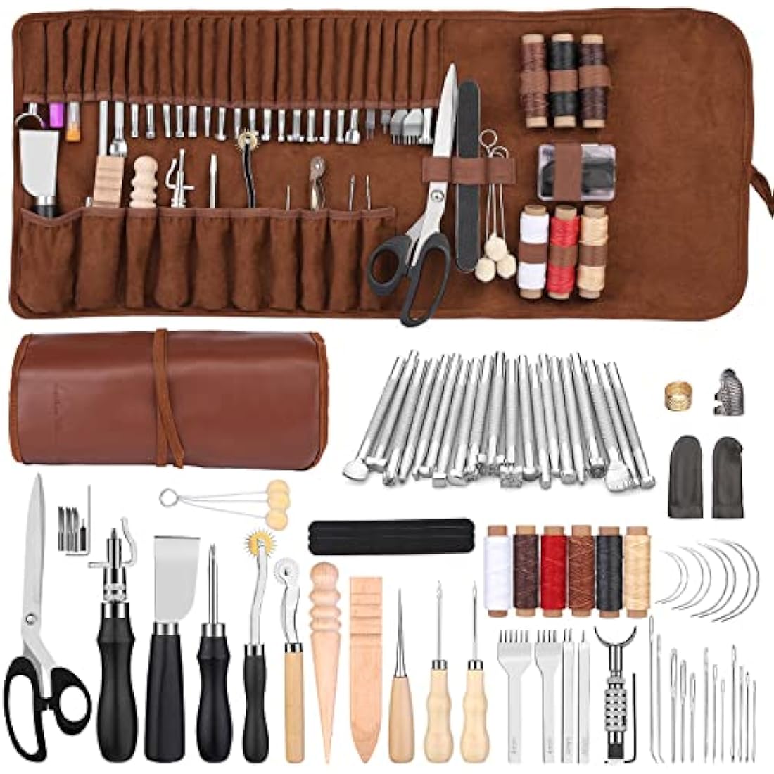 Leather Working Kit Leather Tool Kit Leather Craft Kits with Carving, Stamping & Sewing Tools and Custom Storage Bag for Cutting Punching