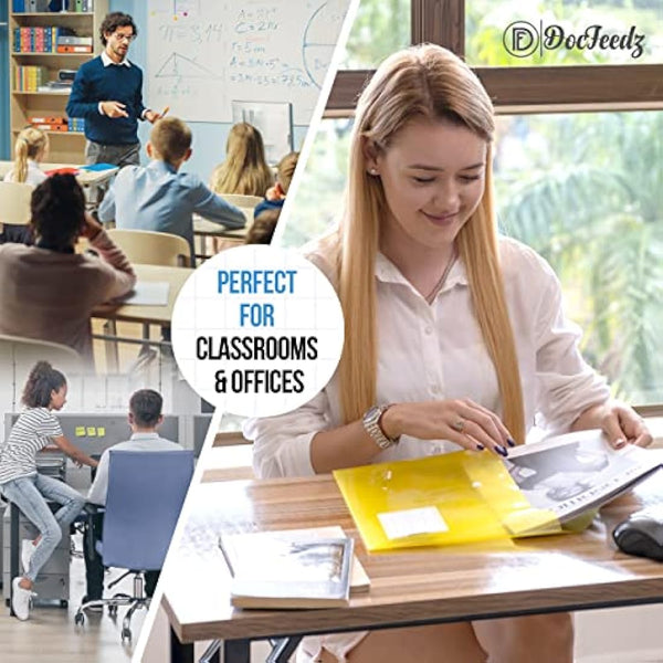 DocFeedz Plastic Wallets A4 - Pack of 25 Waterproof Plastic Folders for Documents 33.2 x 23.4 cm - 5 Assorted Colours Popper Wallet A4 with Snap Button and Label for Home, Office, School and Travel