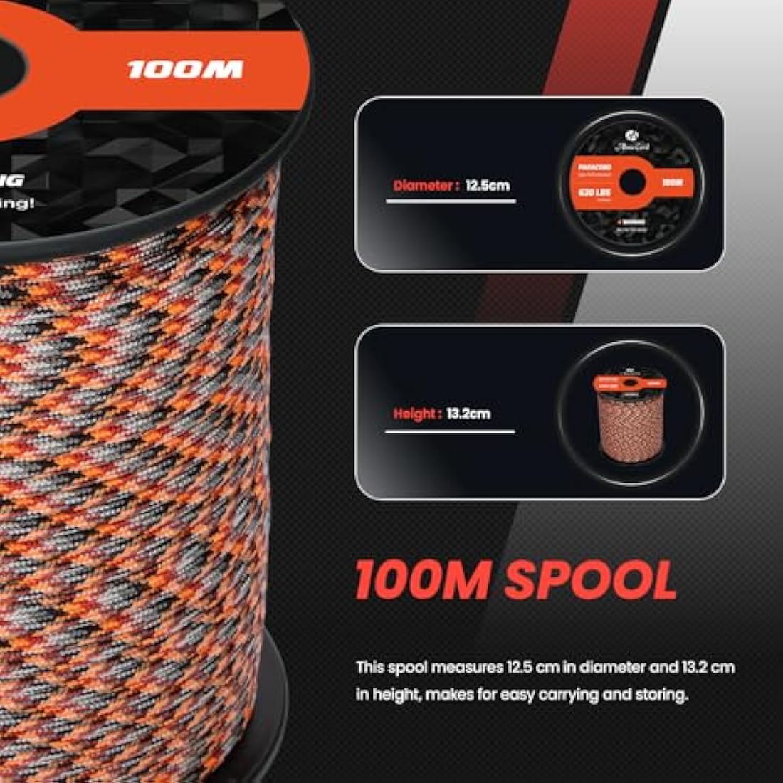 Abma Cord Paracord 4mm 100m 100% Nylon Rope 9 Strands Type III Parachute Cord for DIY, Camping, Survival, Outdoor - Max. 280kg - Summer Sunrise (Lava)