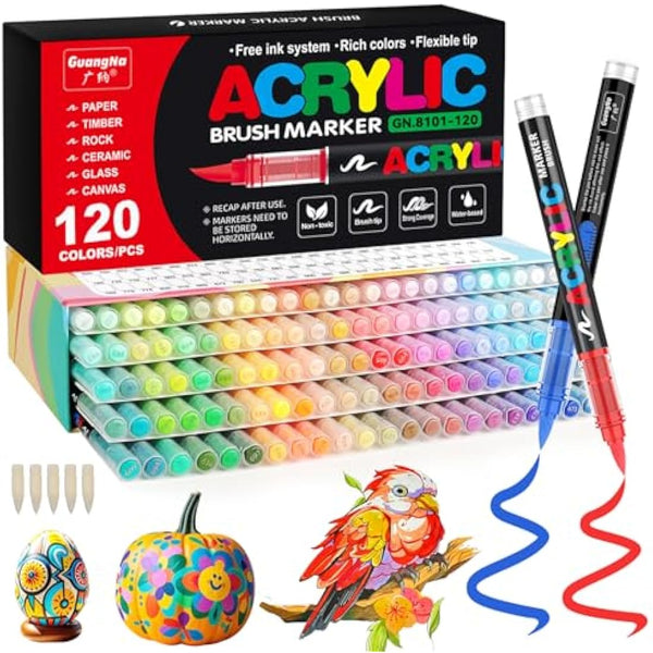 Funnasting 120 Colours Acrylic Paint Pens, Soft Brush Tip Acrylic Marker Pens, Paint Markers for Colouring, Glass, Fabric, Egg, Rock Painting and DIY Crafts Art Supplies