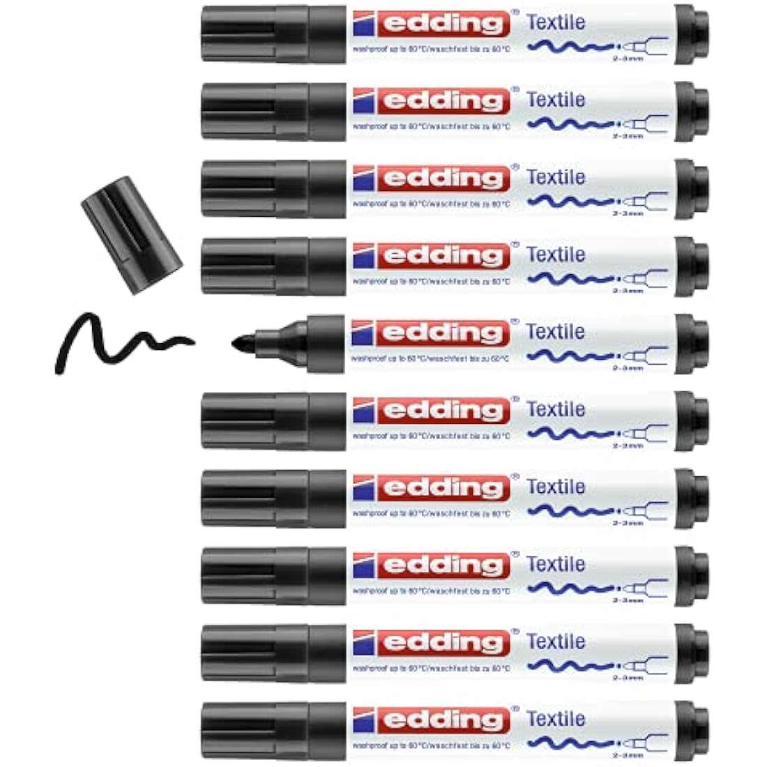edding 4500 textile marker - black - box of 10 - round nib 2-3 mm - permanent fabric markers for drawing on textiles, wash-resistant up to 60 °C - marker pens for fabric lettering