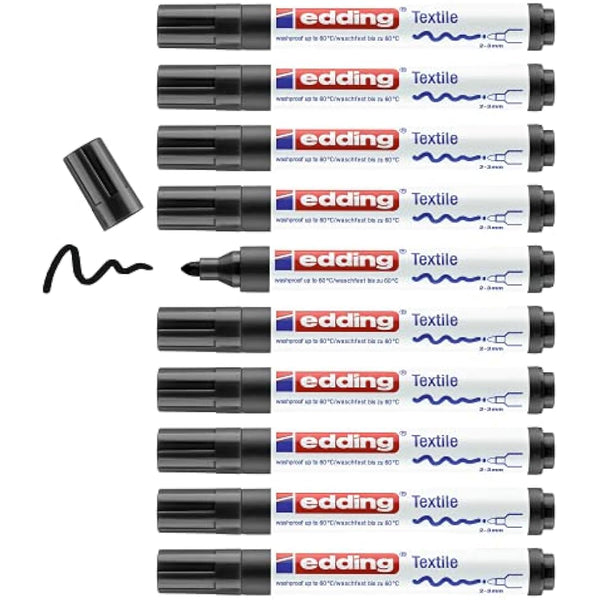edding 4500 textile marker - black - box of 10 - round nib 2-3 mm - permanent fabric markers for drawing on textiles, wash-resistant up to 60 °C - marker pens for fabric lettering