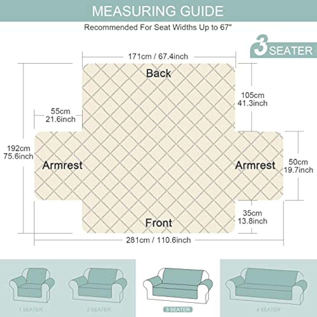 TAOCOCO Sofa Covers 100% Waterproof Sofa Slipcovers 3 Seater,Non Slip Cover for Kids/Dogs/Pets,Washable Sofa Protector with Elastic Strap(Mint Green,UPDATE of Cloth)