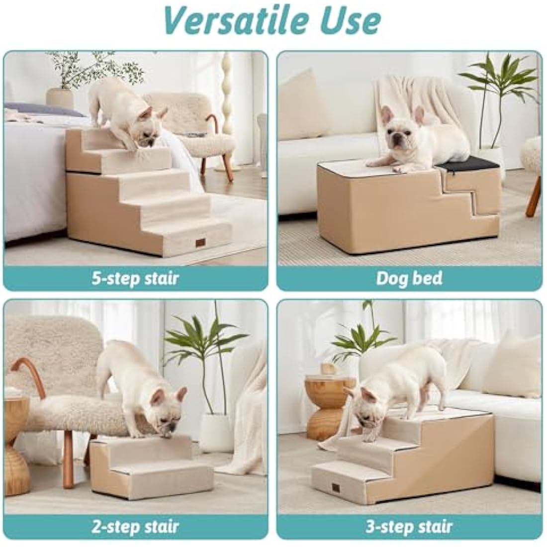 COZY KISS Wide Dog Stairs for Small Dogs, 2-in-1 Pet Steps for Couch Bed Sofa, 60cm High Non-Slip Dog Climbing Steps for Puppies and Old Cats with Support Board (Beige, 75x50x60cm, 5)