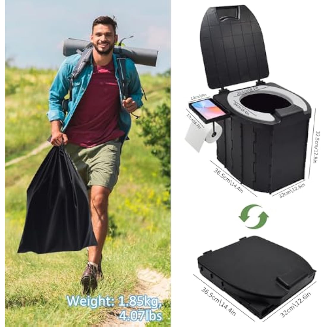 JNUYISW Foldable Camping Toilet, Portable Toilet with Lid for Adult Multifunctional Travel Mobile Toilet with Phone Holder, Paper Roll Holder for Camping, Trip, Picnic, Hiking, Fishing, Beach
