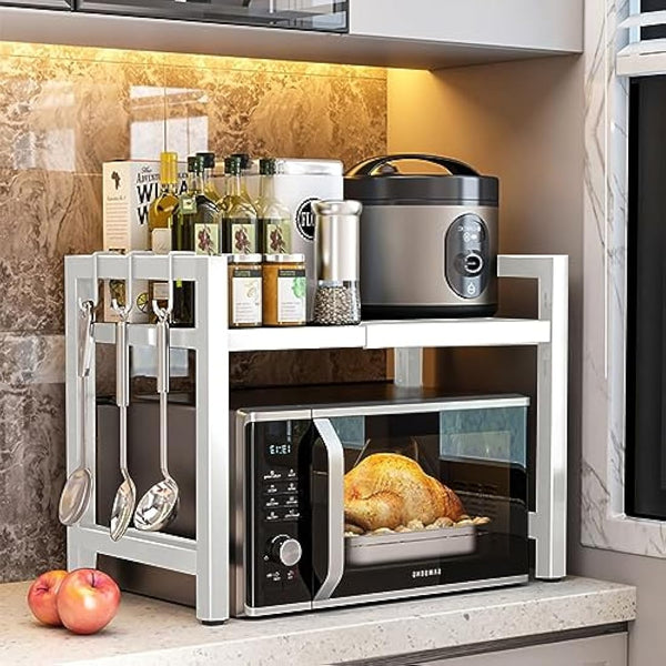 Expandable Microwave Oven Rack 2 Tier microwave shelf, Adjustable Carbon Steel Microwave Shelf,with 6 hooks Kitchen Counter Organizer Shelf Stand,Pot Pan Grill Storage Racks, Width 40-64cm white