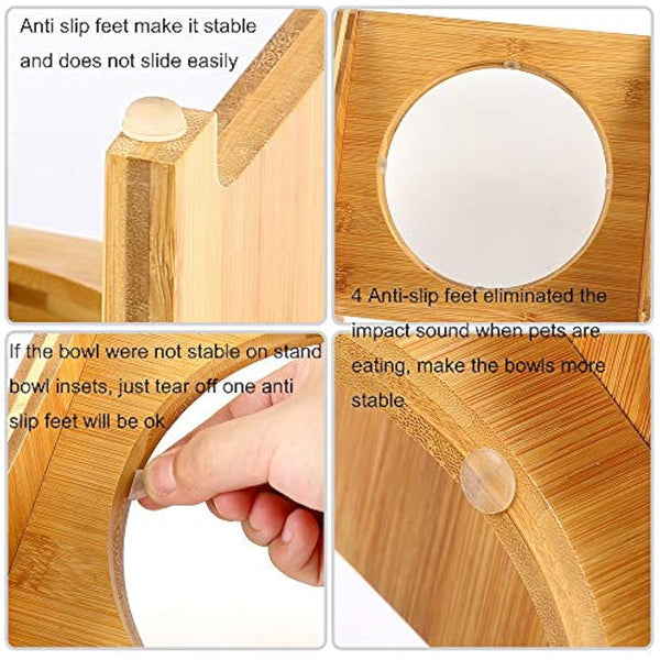 FOREYY Set of 2 Raised Pet Bowls for Cats and Small Dogs - Bamboo Tilted Single Elevated Dog Cat Food and Water Stand Feeder with 2 Stainless Steel Bowls and Anti Slip Feet for Comfort Feeding(Large)