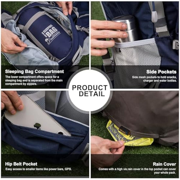 MOUNTAINTOP 70L Hiking Backpack water-resistant Internal Frame Backpacks Large Trekking Mountaineering Rucksack with Rain Cover for Men Women Cover Outdoor