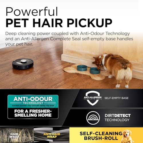 Shark PowerDetect Robot Vacuum with 60-Day Self-emptying Base - Anti-odour - For Carpets, Hard Floors and Pet Hair - 3D LiDAR Navigation - Wi-Fi / App - Odour Cartridge and 2 Brushes Incl. - Black