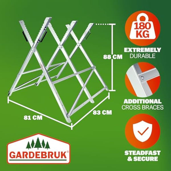 GARDEBRUK® Folding Galvanised Saw Horse | Foldable Portable Trestle | Workbench Timber Cutting Log Holder | Wood Splitter for Hand Saw Chainsaw | Sawhorse | Heavy Duty 150 kg
