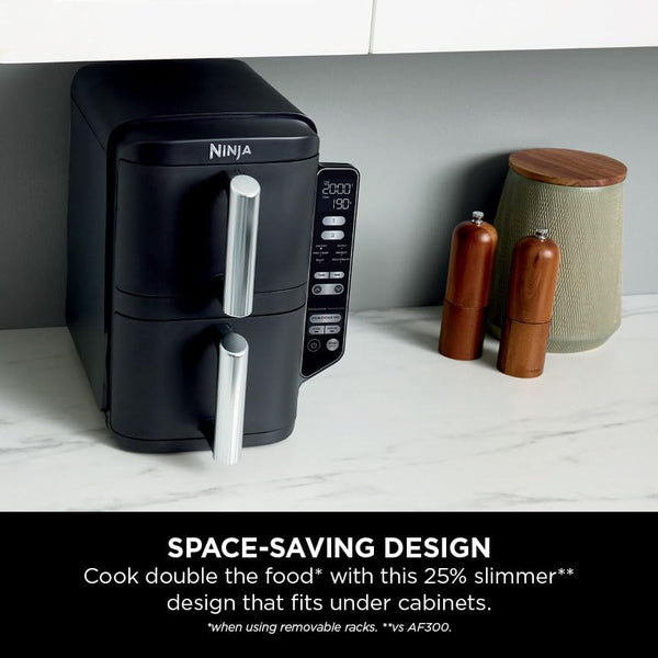 Ninja Double Stack XL Air Fryer, Vertical Dual Drawer AirFryer with 4 cooking levels, 2 Drawers and 2 Racks, Space Saving Design, 9.5L Capacity, 6 Cooking Functions, 8 Portions, Grey, SL400UK