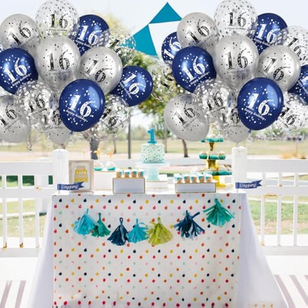 16th Birthday Decorations Boys, Pack of 15 Happy 16th Birthday Balloons Latex Helium Navy Blue Silver Confetti Balloons for Age Sixteen 16 Years Old Birthday Party Decorations Celebration Supplies