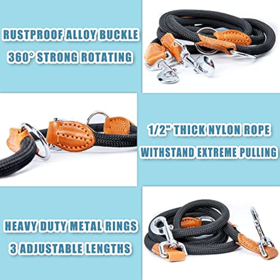 Heydoggy Multi-Function Hands Free Dog Lead (7ft) - Strong Training Leads, 1.4cm Thick Nylon Double (3 Adjustable Lengths) Walking Running Long Rope Leash for Small Medium Large Dogs Black, 1/2''