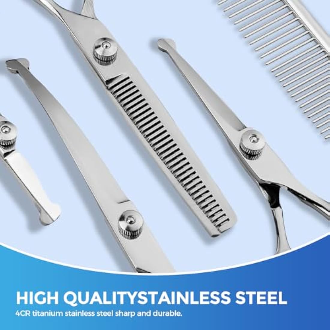 EVERESTA Dog Grooming Scissors with Safety Round Tips, Heavy Duty Titanium Pet Grooming Trimmer Kit, Professional Thinning Shears, Straight Scissors with Comb for Dogs and Cats (Set of 5)
