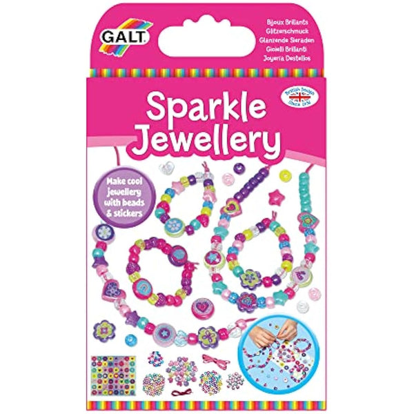 Galt Sparkle Jewellery - Childrens Necklace and Bracelet Making, Craft Kit for Kids - Fun Activity Pack with Colourful Beads and Stickers, Encourages Creativity and Motor Skills - Ages 5 Years Plus