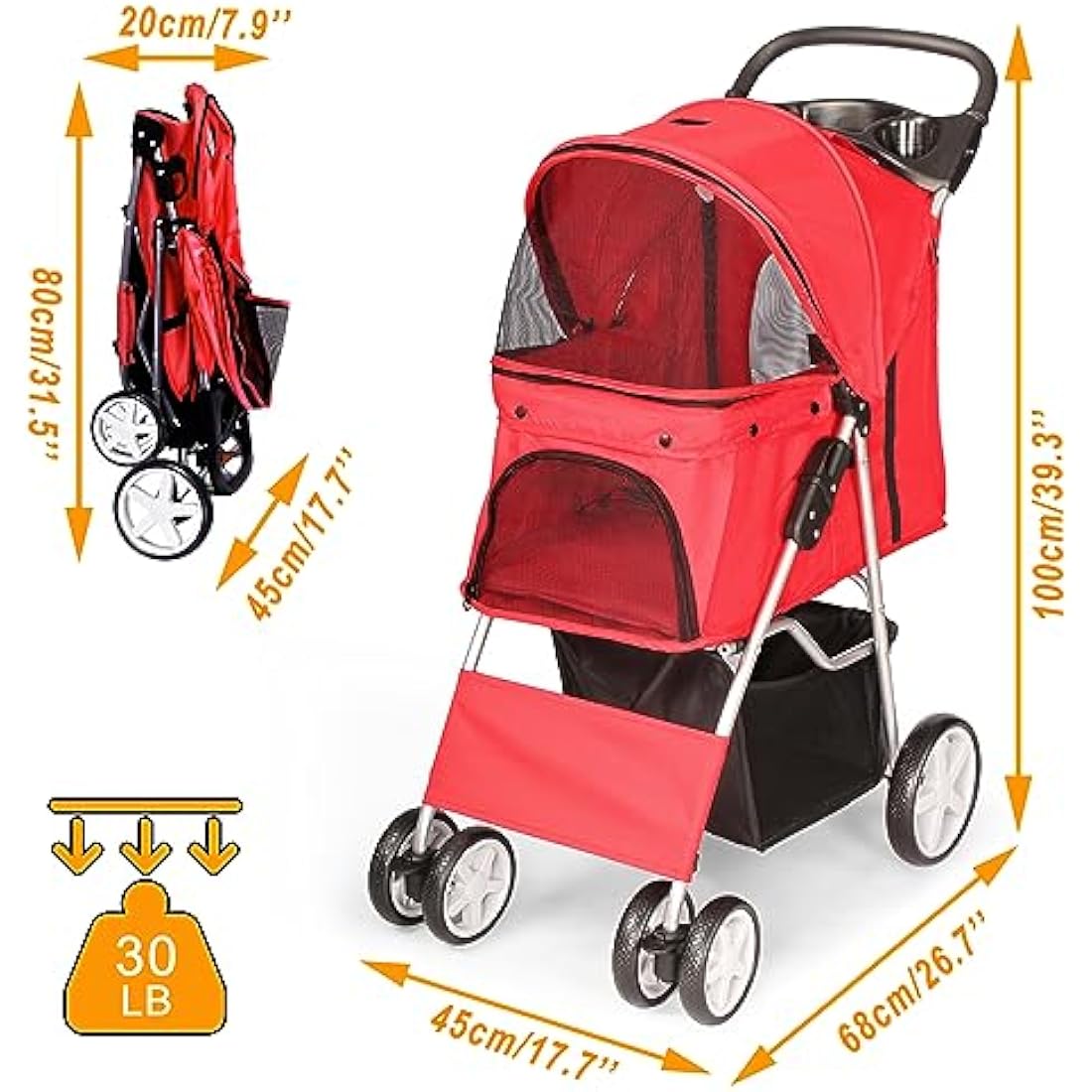 display4top Pet Travel Stroller Dog Cat Pushchair Pram Jogger Buggy With 4 Wheels (Red)