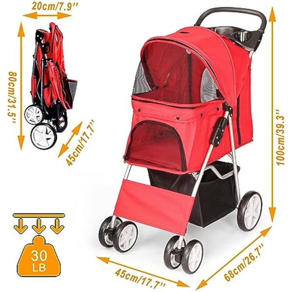 display4top Pet Travel Stroller Dog Cat Pushchair Pram Jogger Buggy With 4 Wheels (Red)