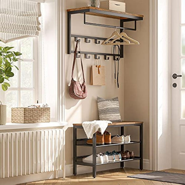 HOOBRO Coat Rack Wall-Mounted, Coat Hook with 10 Hooks and Shelf, 80 x 30 x 42 cm, Hanging Rail, for Entryway, Bathroom, Living Room, Laundry Room, Rustic Brown EBF12YM01