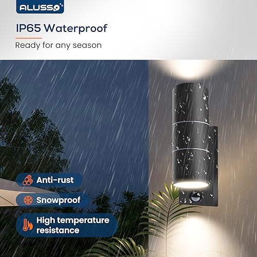 ALUSSO Motion Sensor Outdoor Wall Lights IP65, Stainless Steel Up Down Lights 3000K/4000K/6000K Selectable, 2x 8W GU10 Bulb Included,Outside Security Lights Mains Powered Sconce Wall Mounted for Porch
