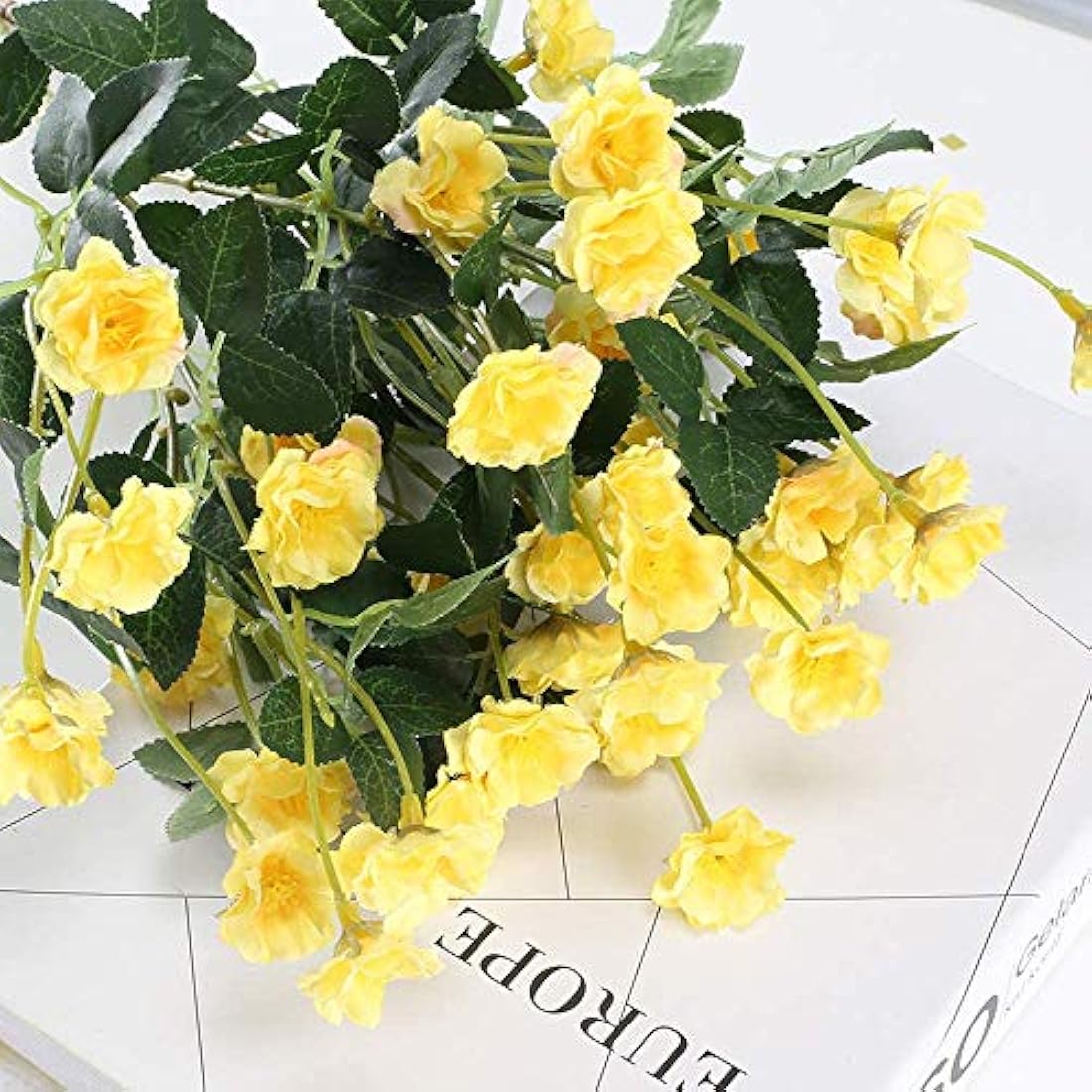 ICEBLUEOR 2PCS Silk Rose Bush in Yellow Artificial Flower Fake Rose Bouquets Vase Decoration Flowers for Home, Party Venue, Table Centerpieces, Backdrops