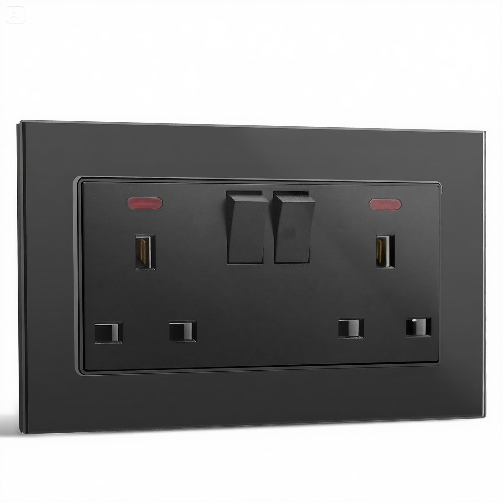 BSEED Double Socket 13A with LED Indicator, Double Switched Wall Socket 2 Gang UK Standard, Electric Switched Plug Power Wall Outlet with Glass Panel, Grey