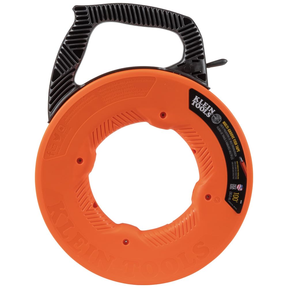 KLEIN TOOLS 56382 Fish Tape, Multi-Groove Fiberglass Wire Puller with Nylon Tip, Optimized Housing and Handle,Orange/Black, 15 m