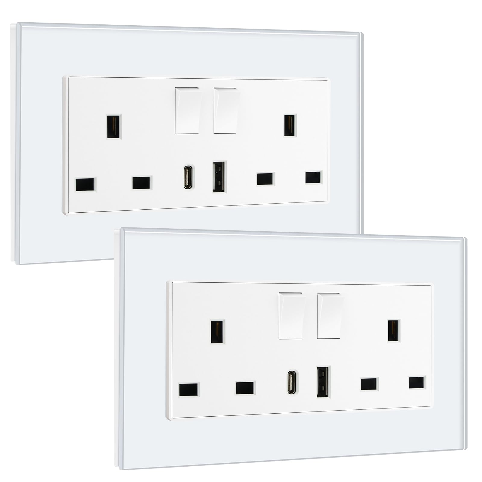 BSEED Double Socket 13A with LED Indicator, Double Switched Wall Socket 2 Gang UK Standard, Electric Switched Plug Power Wall Outlet with Glass Panel, Grey