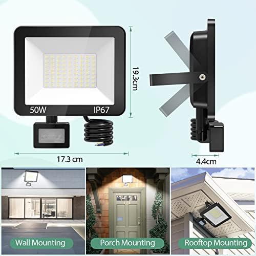 YIQIBRO 50W PIR Security Lights Outdoor Motion Sensor 2 Pack, 5000LM LED Floodlight with PIR, IP67 Waterproof Flood Lights Motion Sensor for Garden, Garage, Patio, Yard