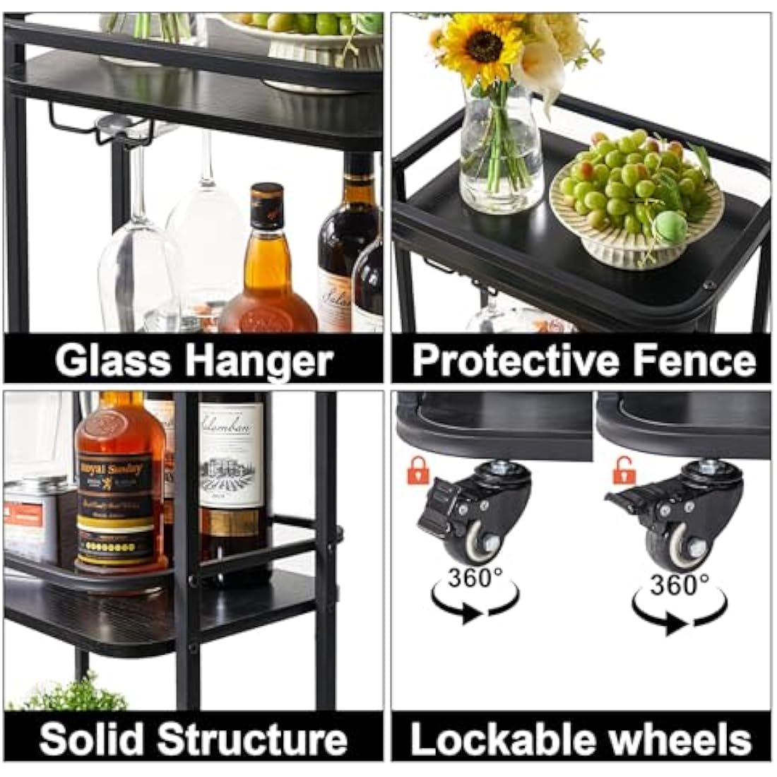 IBUYKE 3-Tier Home Bar Serving Cart,Kitchen Storage Carts With Wheels,11.79x15.72x33.01 inches,Rolling Mini Bar Cart for Home, Outdoor, Kitchen, Bedroom, Living Room TMJ319B