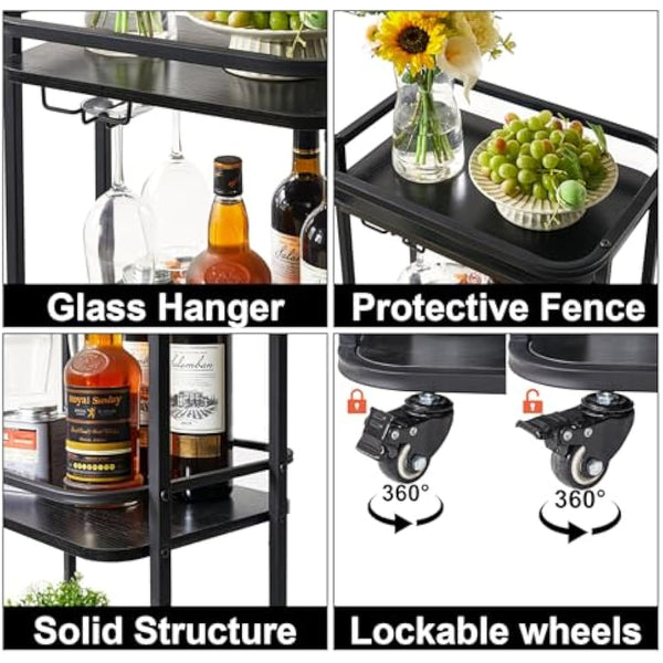 IBUYKE 3-Tier Home Bar Serving Cart,Kitchen Storage Carts With Wheels,11.79x15.72x33.01 inches,Rolling Mini Bar Cart for Home, Outdoor, Kitchen, Bedroom, Living Room TMJ319B
