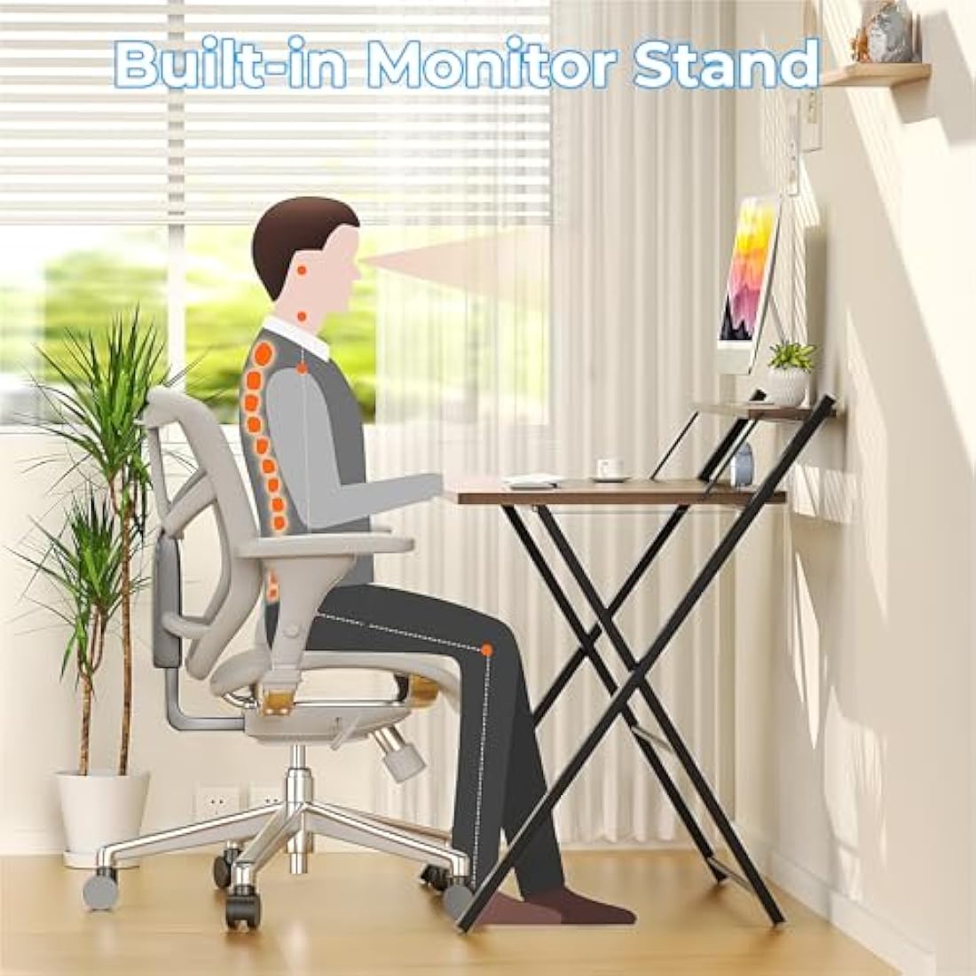 GreenForest Foldable Desk No Assembly Required,Small Desk with Monitor Shelf,Computer Desk for Small Space,Brown