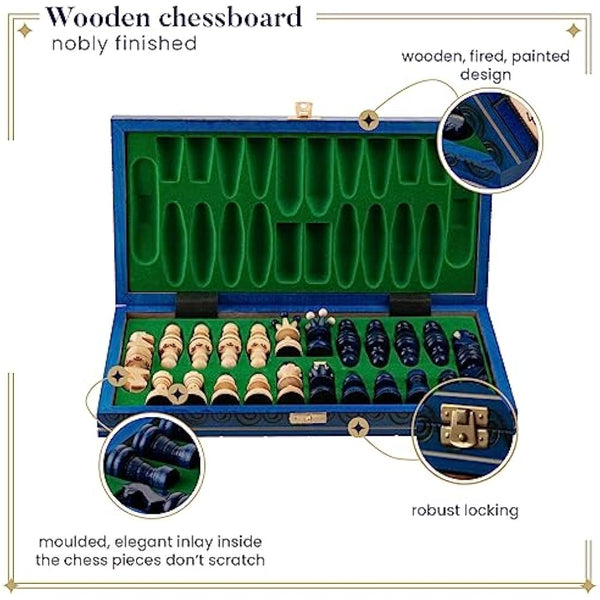 Master of Chess Wooden Chess Set 35 cm / 13.8 in - European Handmade Travel Chess Board Sets - Blue Portable Chess Set for Adults and Kids