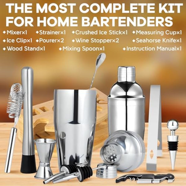 12-Piece Bartender Cocktail Shaker Set, 750 ml Stainless Steel Boston Cocktail Shaker, Perfect Cocktail Set with Wooden Stand for Home, Bar & Party Gift