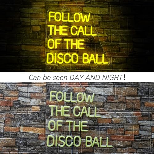 ineonlife Follow the Call of the Disco Ball Neon Sign for Wall Decor Dimmable Led Neon Lights 5V/2A USB Lemon Yellow Light Up Sign for Bedroom Party Birthday Wedding Engagement Party Bar Club