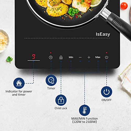 IsEasy Single Induction Cooker 2100W Portable Induction Hob with Slim Black Crystal Panel Body, Induction Plate with 9 Power Levels Setting, Max & Min