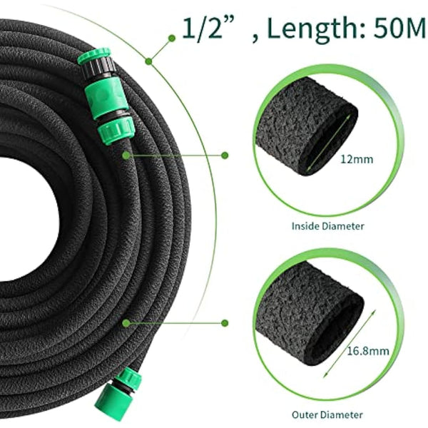 50M Drip Hose Set, Soaker Hose Set, Porous Pipe Leaky Pipe, Garden Hose for Watering, Gardens, Lawn, Patios, Black