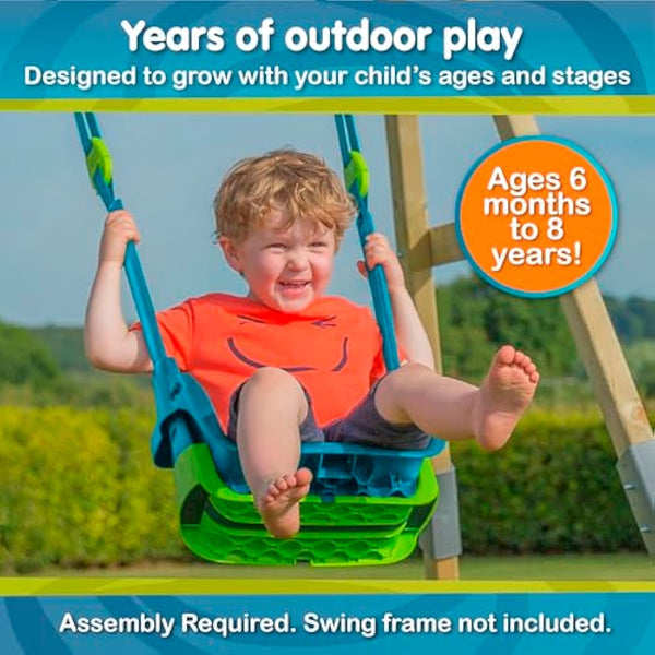 TP Toys Quadpod 4-in-1 Growable Swing Seat Green, Outdoor Playground Baby Swing Seat with Adjustable Ropes and Safety Strap, Toddler Swing for Gardens and Playgrounds, Kids 6 months - 8 years One Size