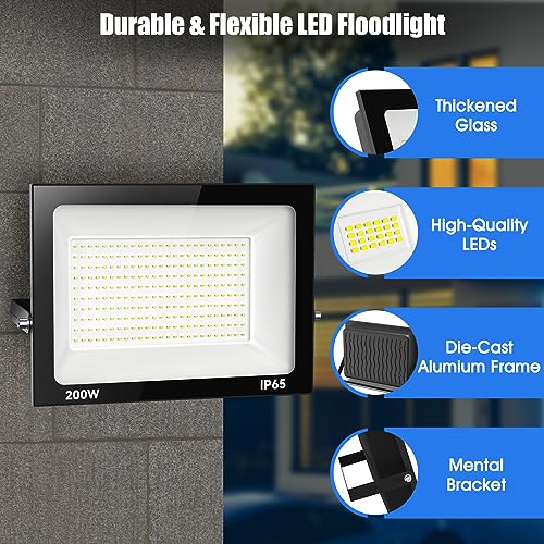 Royana 200W 20000LM LED Floodlight, Super Bright 3000K Warm White Security Lights, IP65 Waterproof Outdoor FloodLight for Yard, Garage, Warehouse,