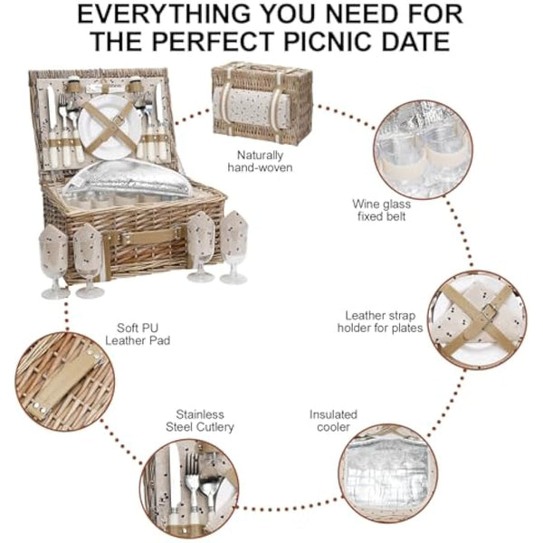 G GOOD GAIN Willow Picnic Basket Set for 4 Persons with Large Insulated Cooler Bag and Waterproof Picnic Blanket,Wicker Picnic Hamper for Camping,Outdoor,Valentine Day,Chirtmas,Thanks Giving,Birthday.